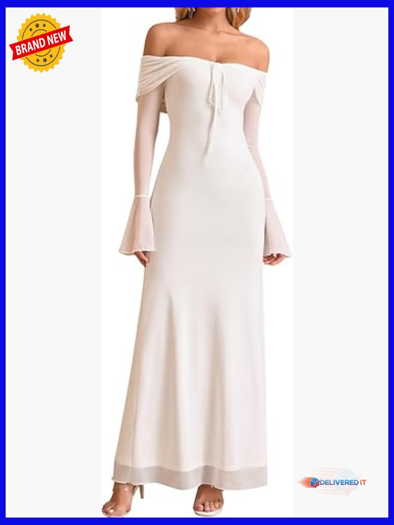 Off Shoulder Long Sleeve Maxi Bodycon Dress Formal Wedding Guest